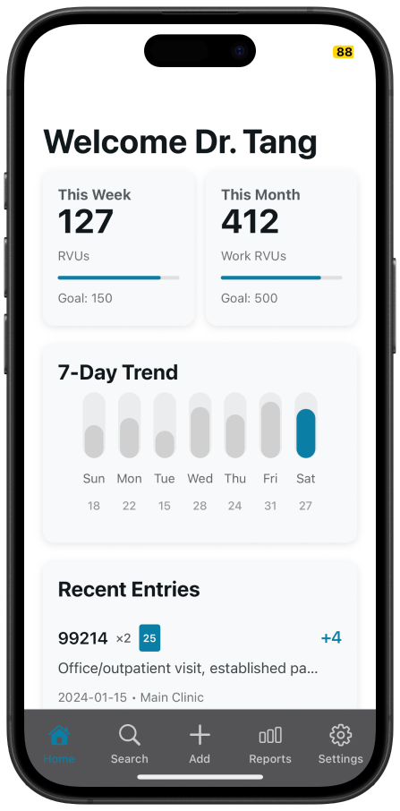 RVU Tracker Mobile App Screenshot showing Dr. Tang's dashboard with 127 RVUs this week, 412 Work RVUs this month, 7-day trend chart, and recent entries